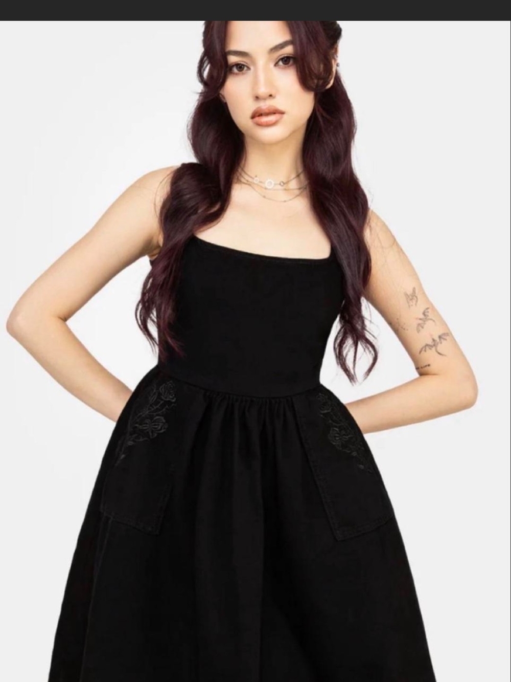 Deadhead Rose Embroidered Black Denim Mini Smock Dress - Picture 2 of 6